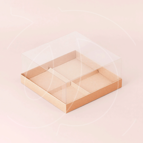 Коробка на 4 пирожных с прозрачной крышкой крафт 18х18х6,5 см 